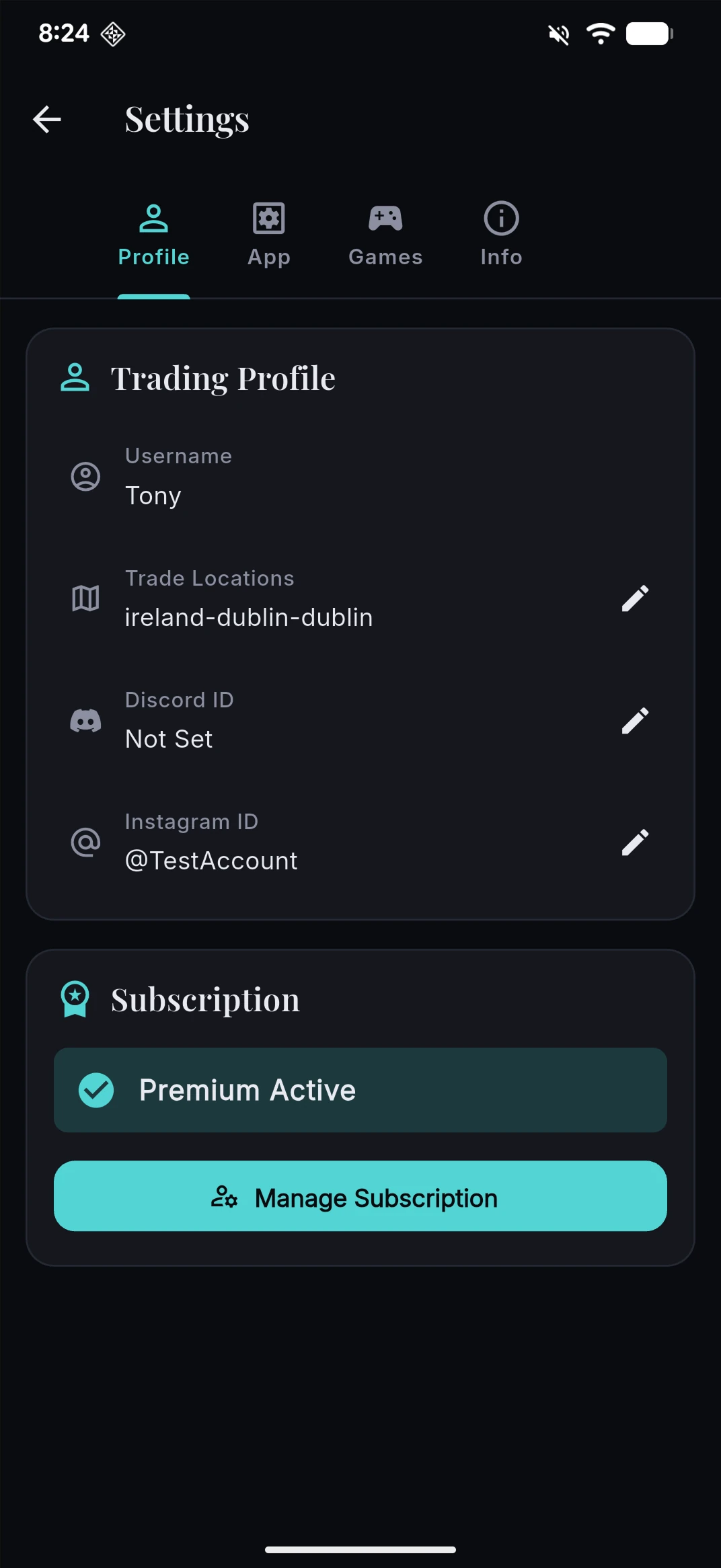 Settings — trading profile