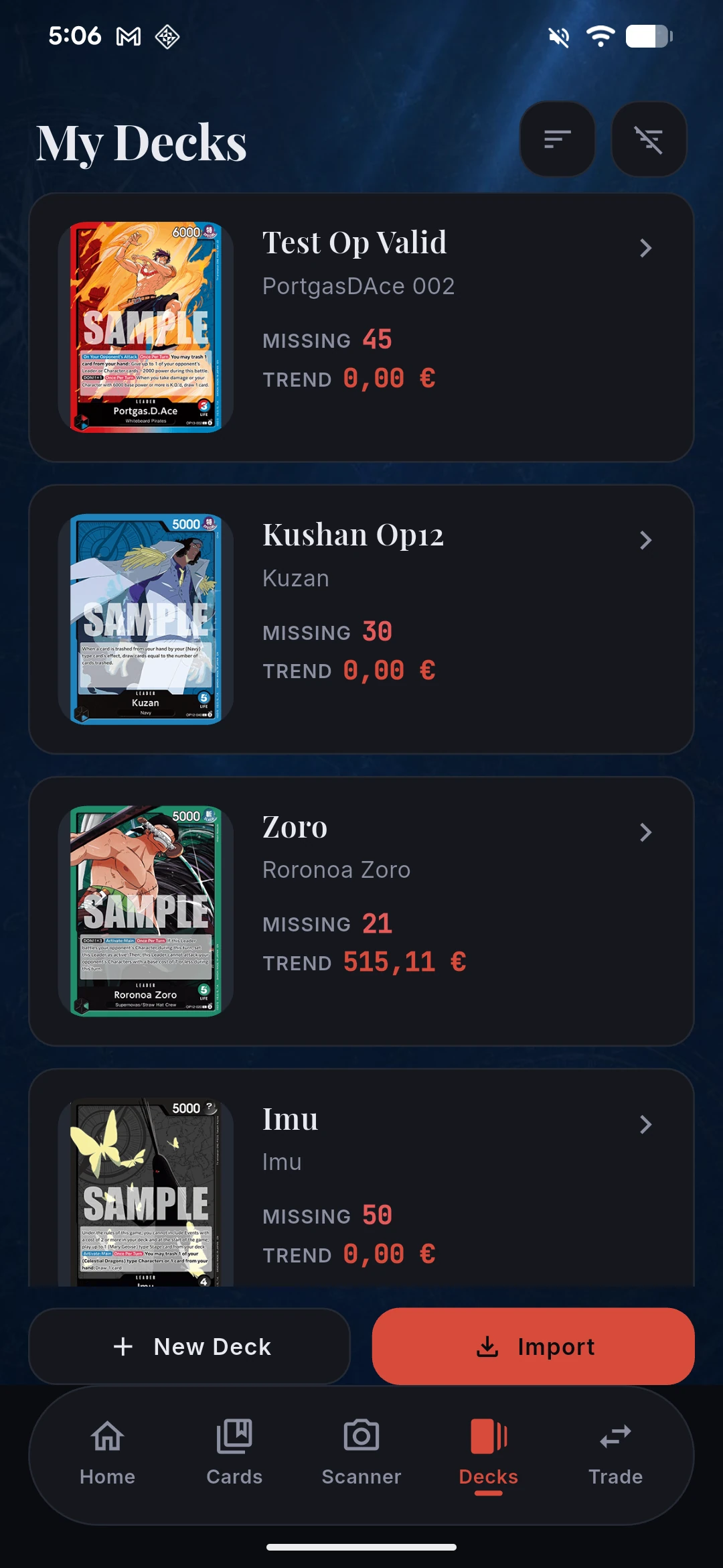 Decks list — One Piece