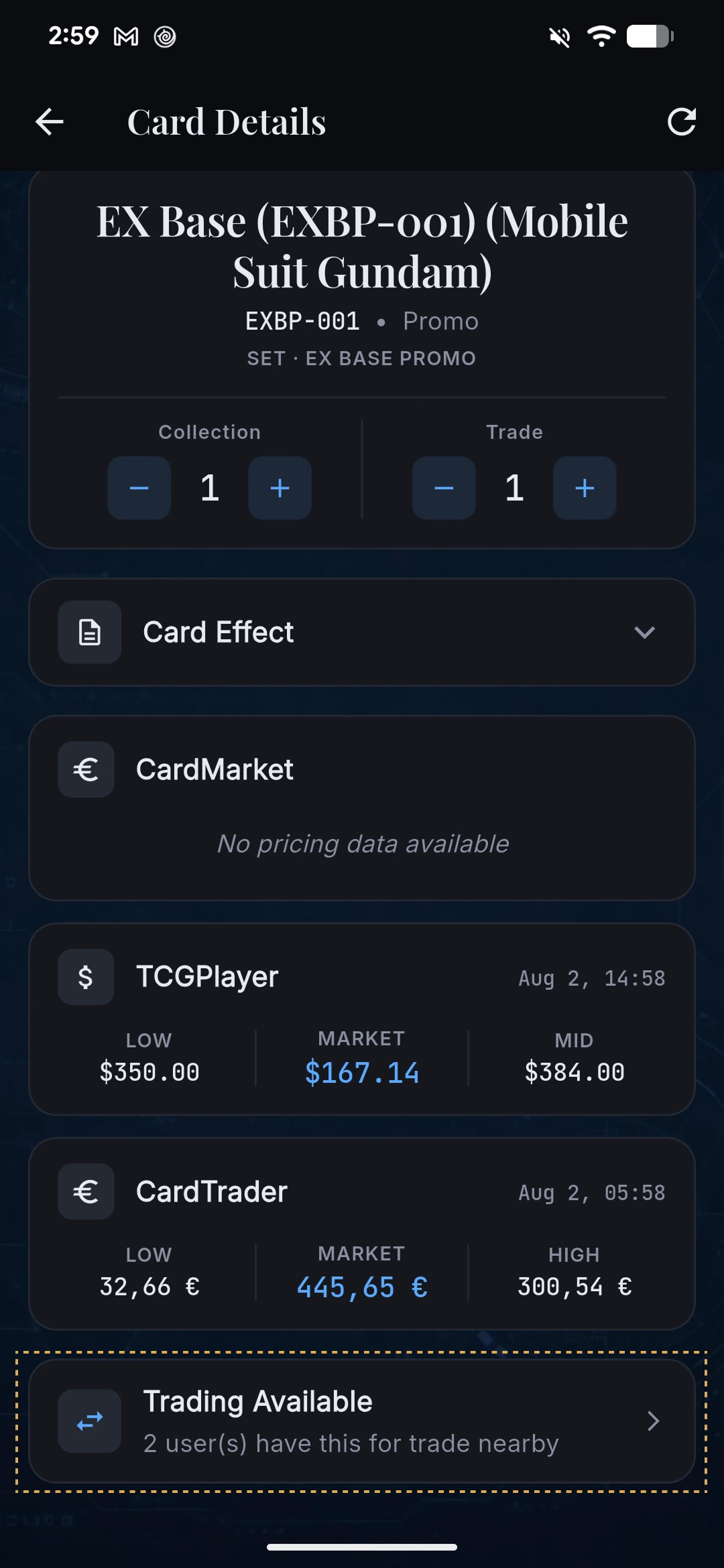 Card details with trading available nearby — Gundam
