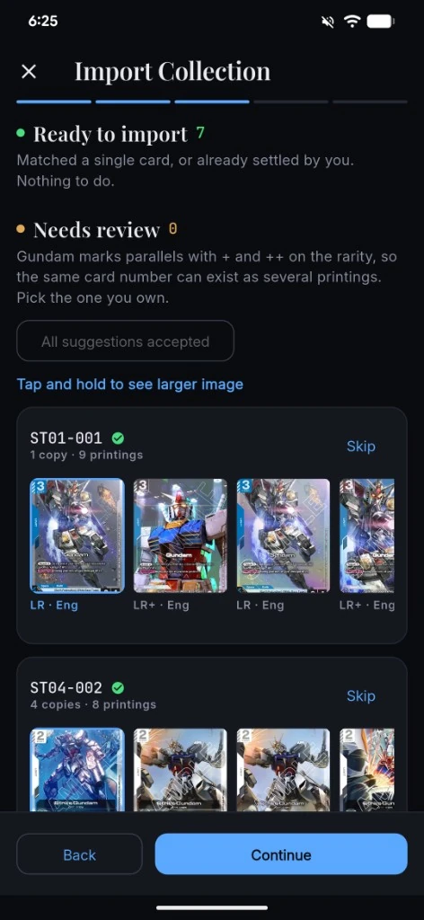 Collection import review step for Gundam