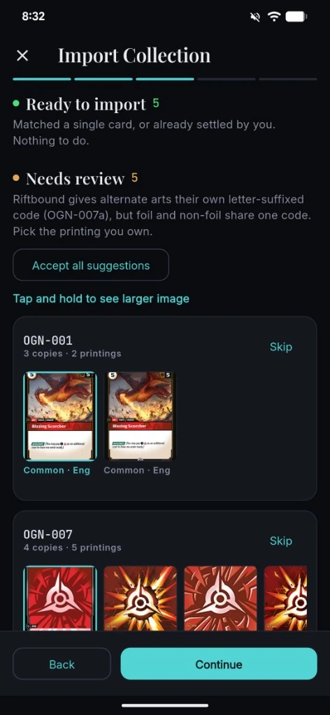 Collection import review step for Riftbound
