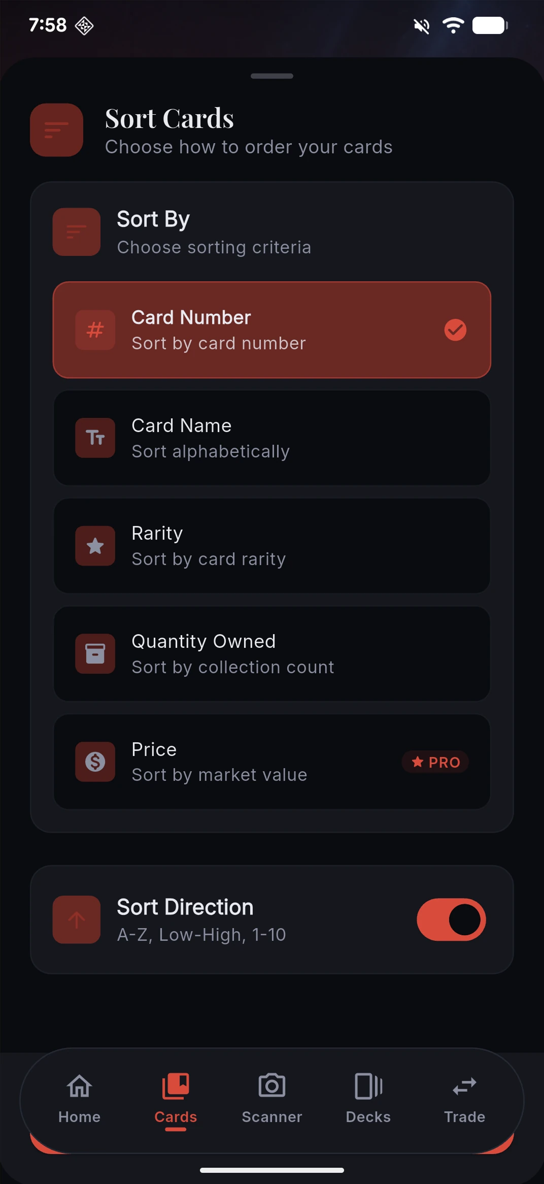 Sort cards — choose how to order your cards