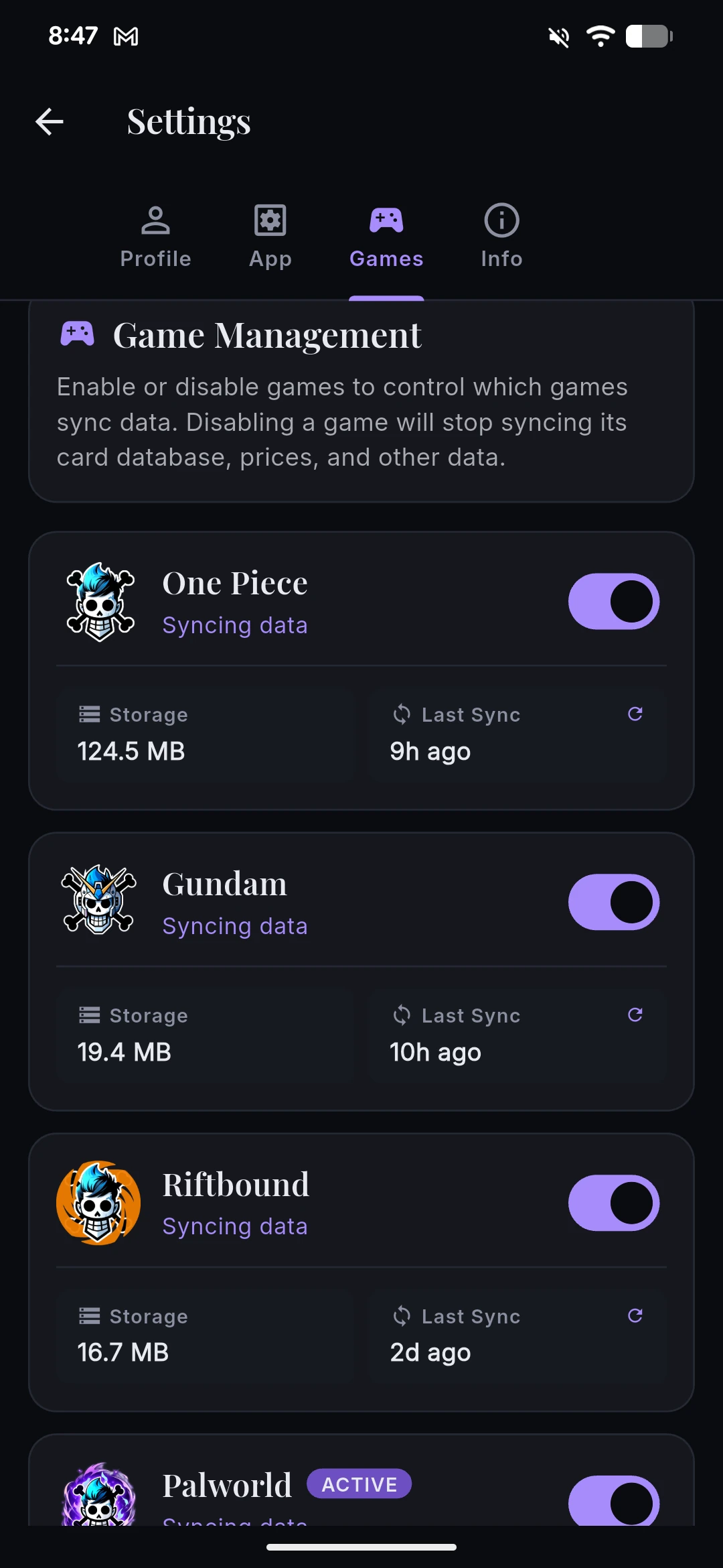 Settings — supported games