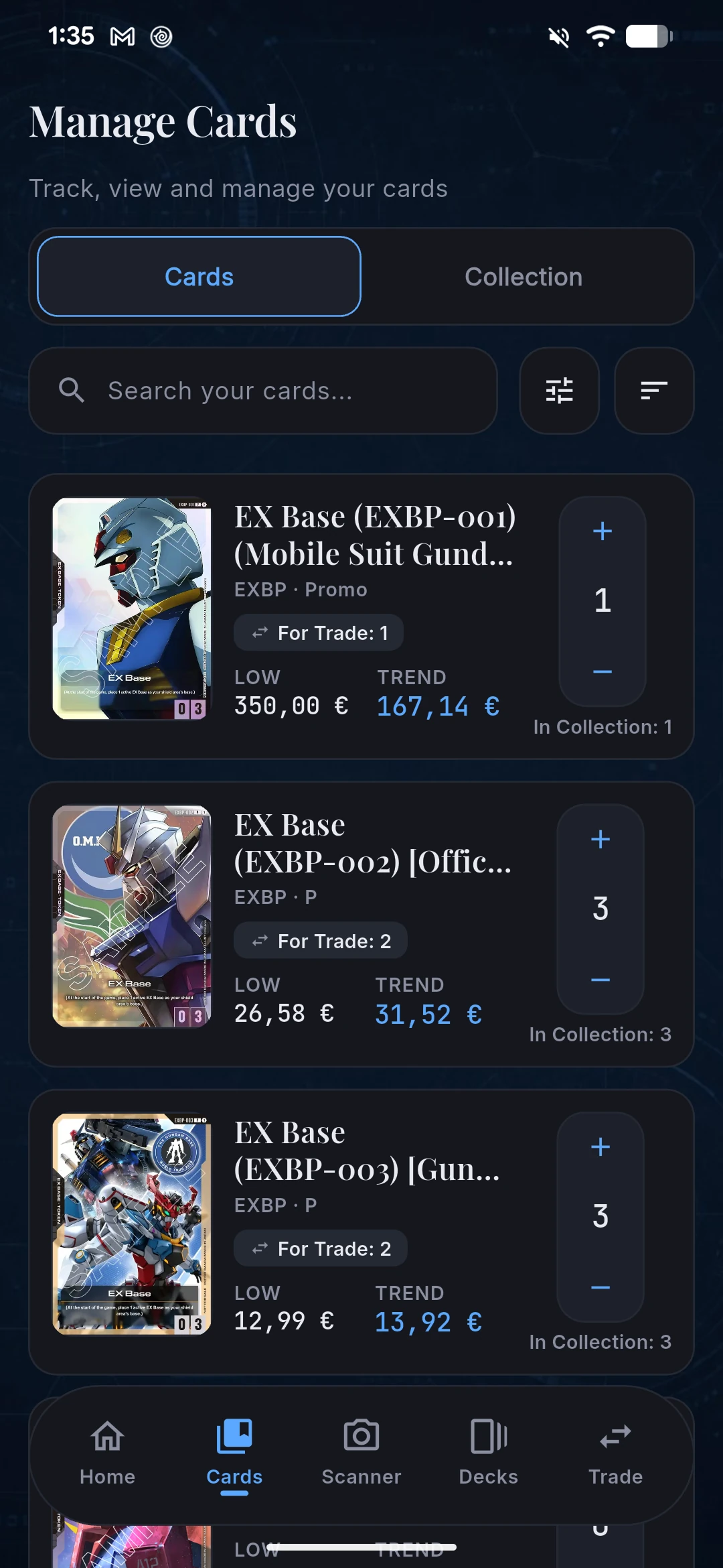 Cards marked for trade with quantities — Gundam